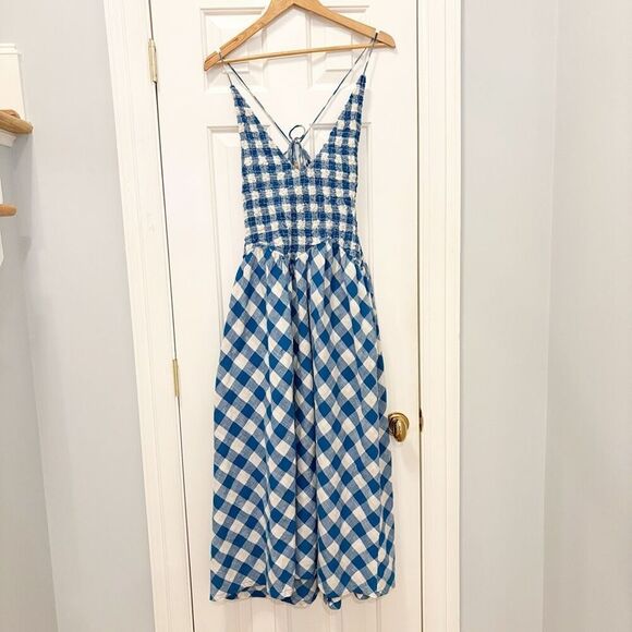 Free People Vera Midi Dress Blue Gingham Smocked Strappy Back XS - Picture 3 of 8